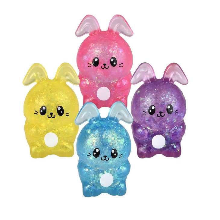 Squeezy Sugar Easter Bunny squishy toy in pastel pink with white ears and a smiling face.