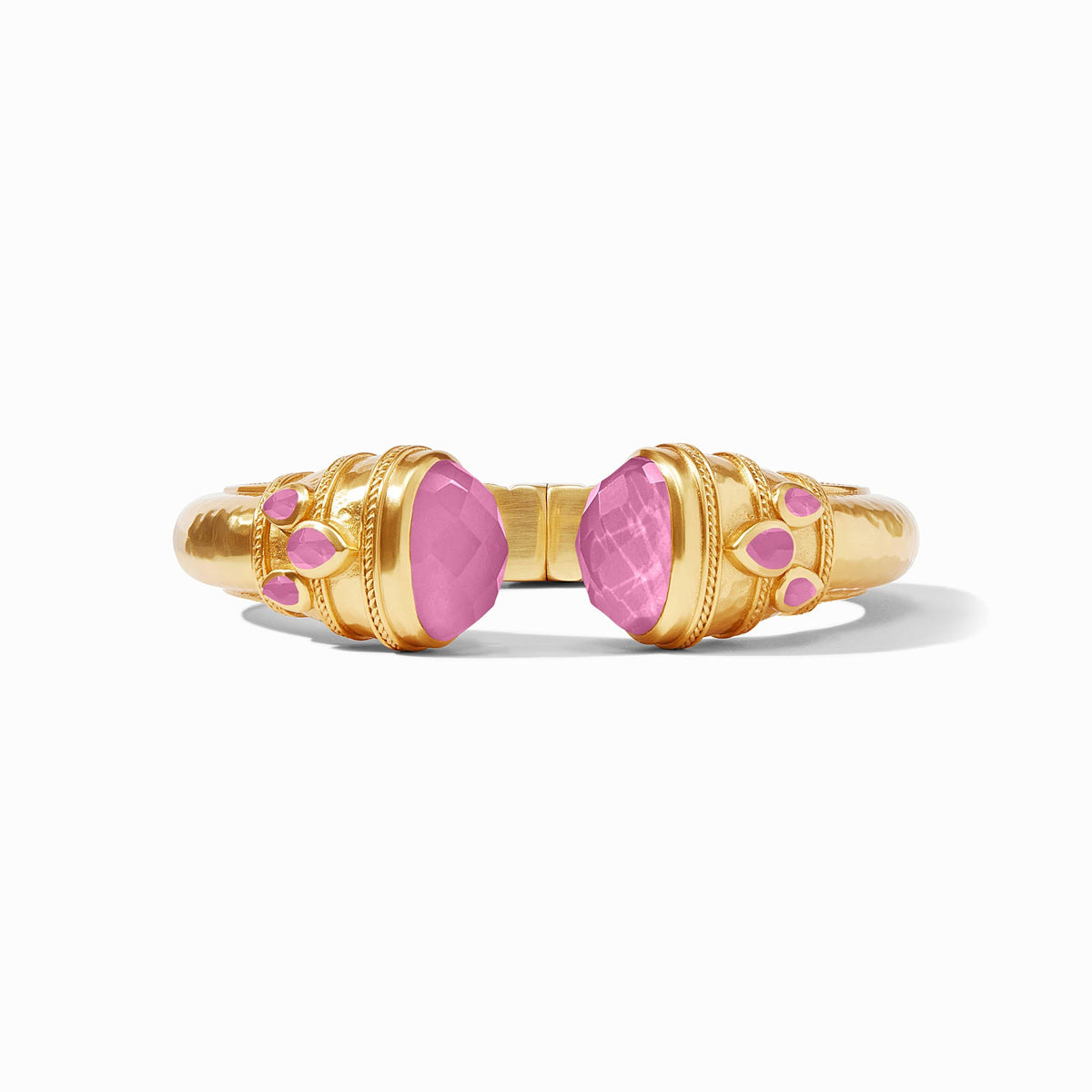 Cannes Cuff in 24K gold plate with faceted pink glass stones and a hinged opening.