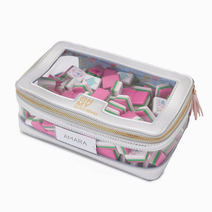 Silver Mahjong Tile Storage Bag with clear windows, filled with pink and green mahjong tiles.
