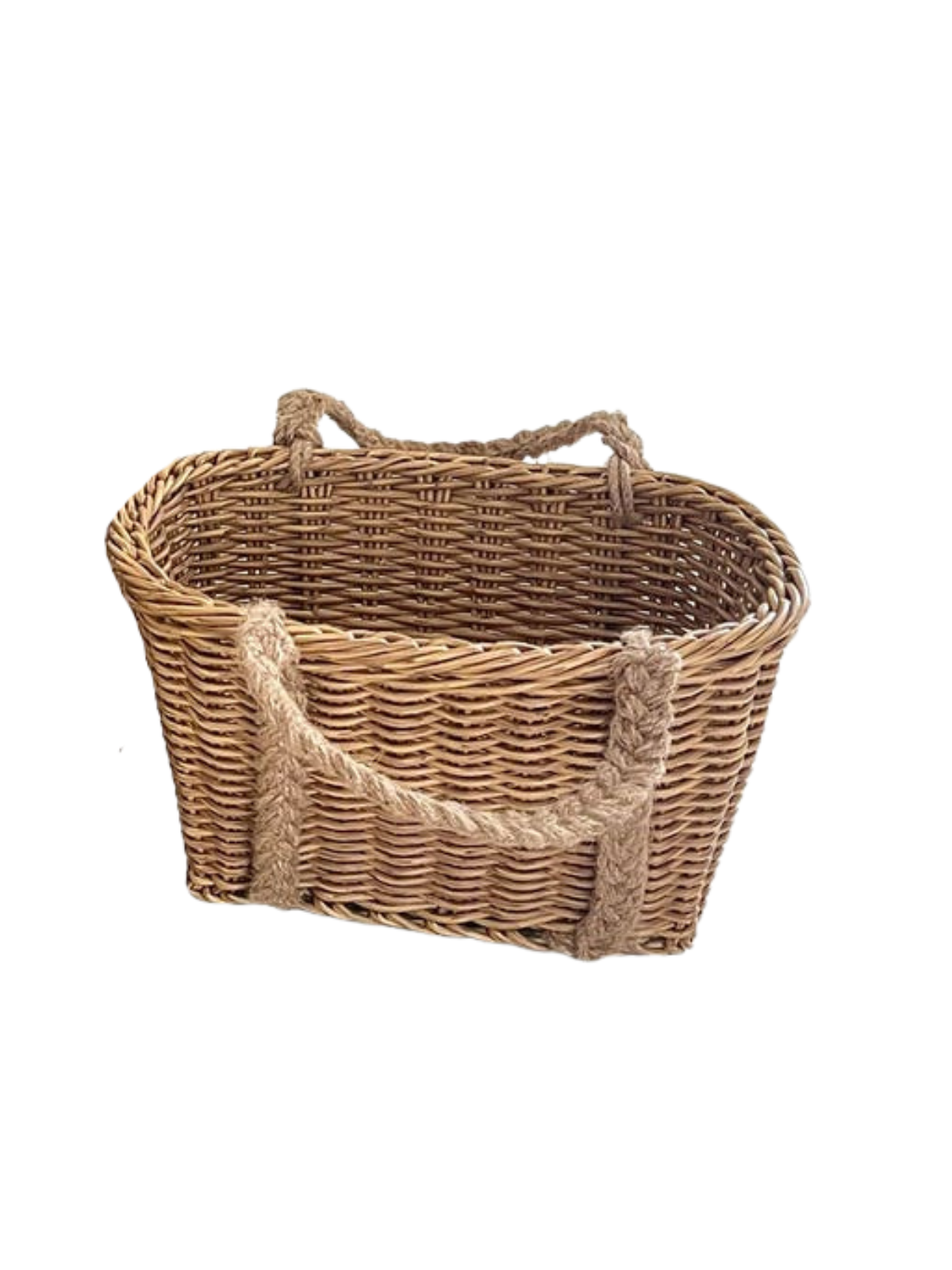Woven poly market basket with rope handles, natural brown color.