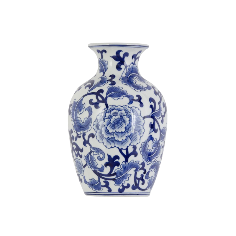 Porcelain blue and white chinoiserie wall vase with floral peony pattern.