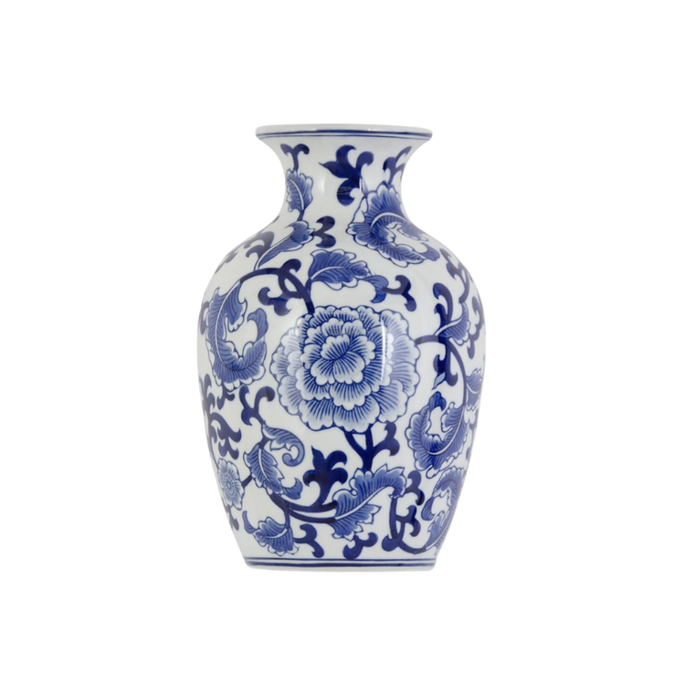 Porcelain blue and white chinoiserie wall vase with floral peony pattern.