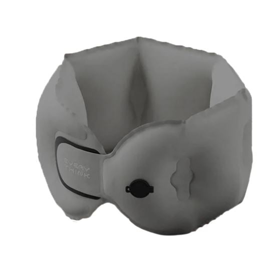Dark gray inflatable neck pillow with ergonomic support in a compact storage case.