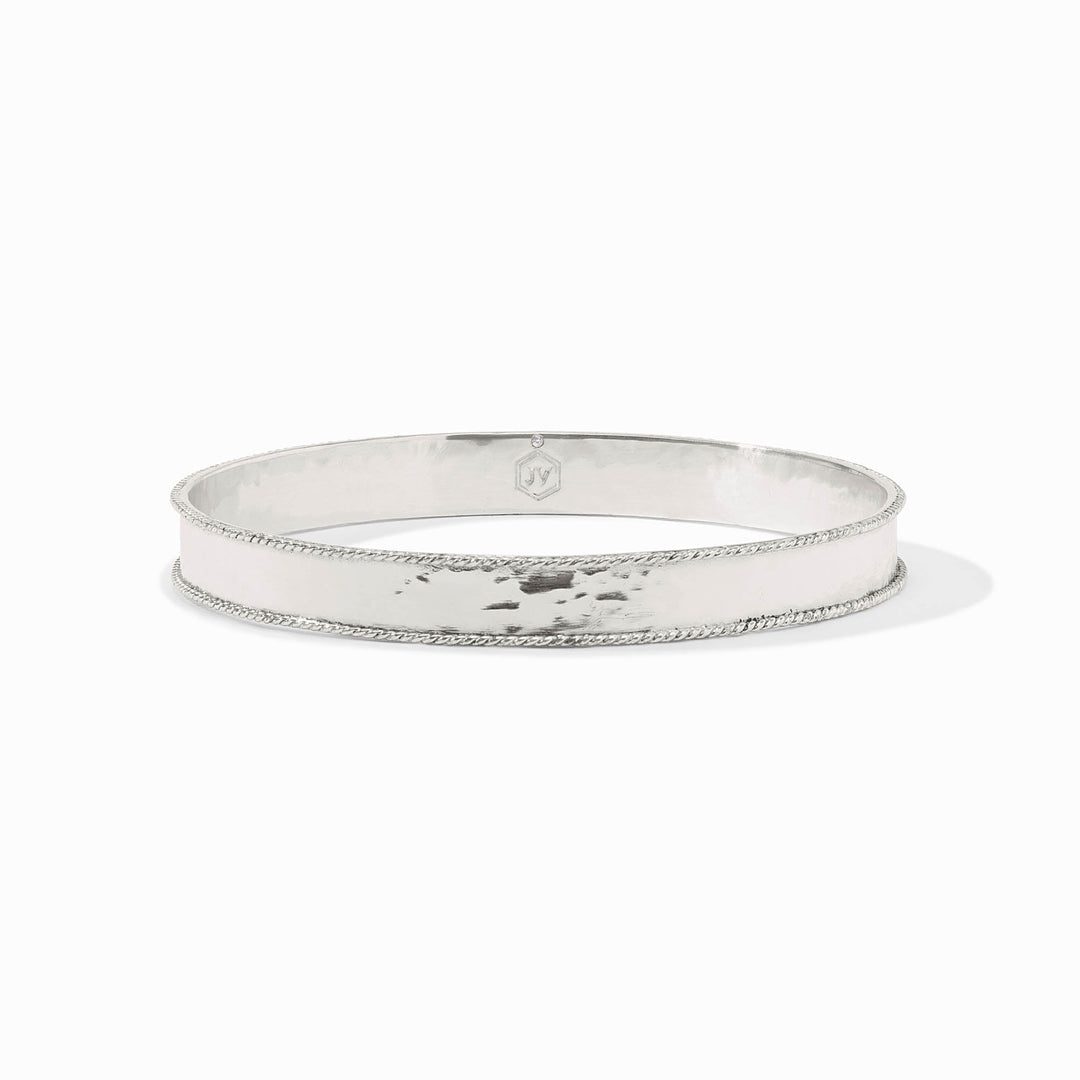 Silver Savoy Bangle with a hammered texture and twisted rope border detailing.