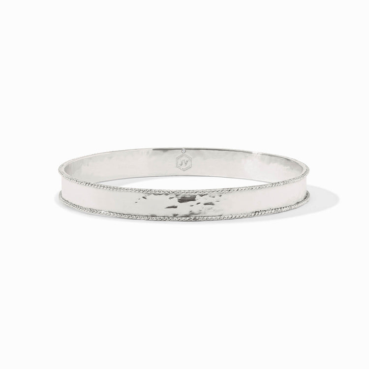 Silver Savoy Bangle with a hammered texture and twisted rope border detailing.