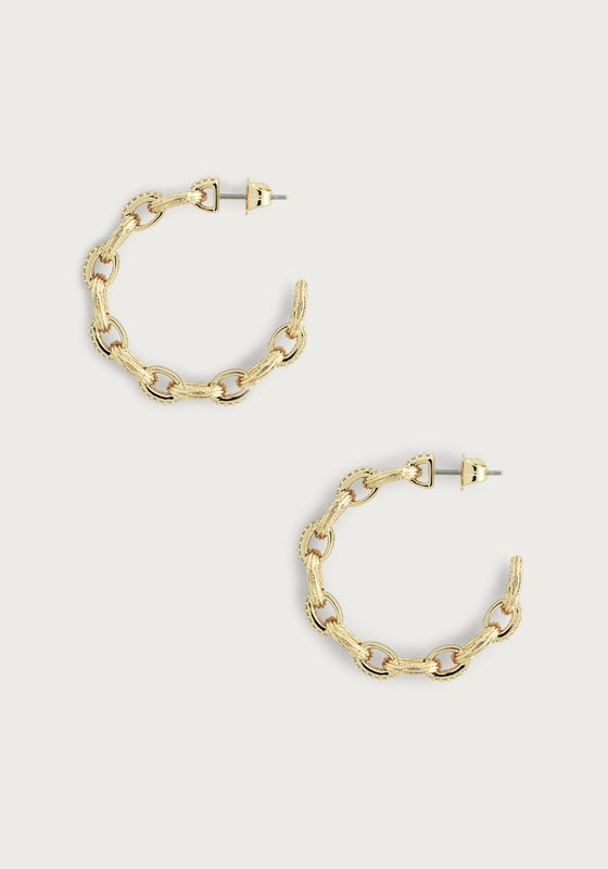 Enchanted Forest gold-plated chain hoop earrings with twig-textured links and crystal accents.