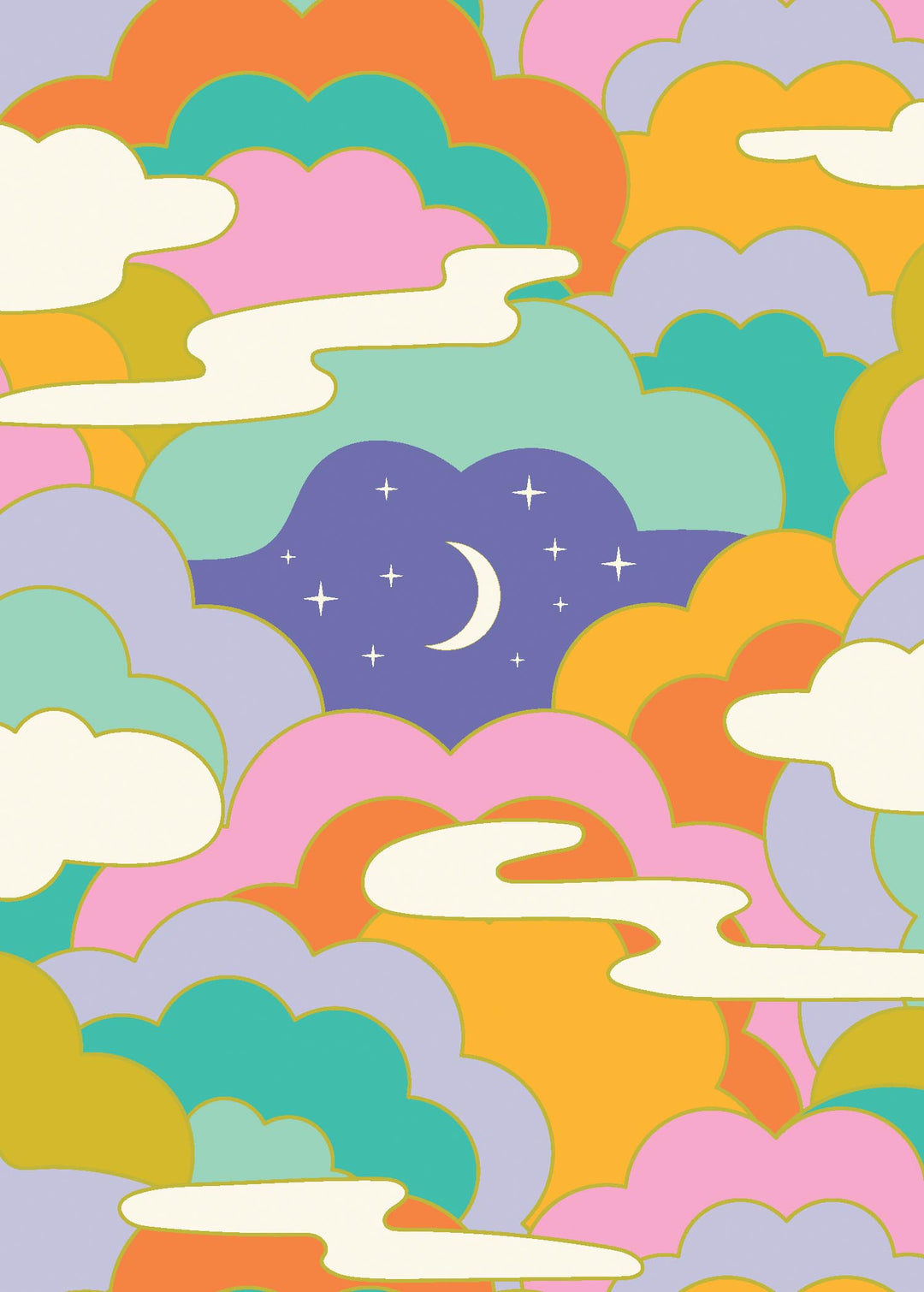 Anniversary greeting card with colorful clouds, crescent moon, stars, and text reading 'Dreams Do Come True'.