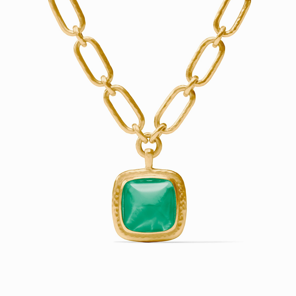 Sahara Statement Necklace in 24K gold plate with a square green glass pendant on a link chain.