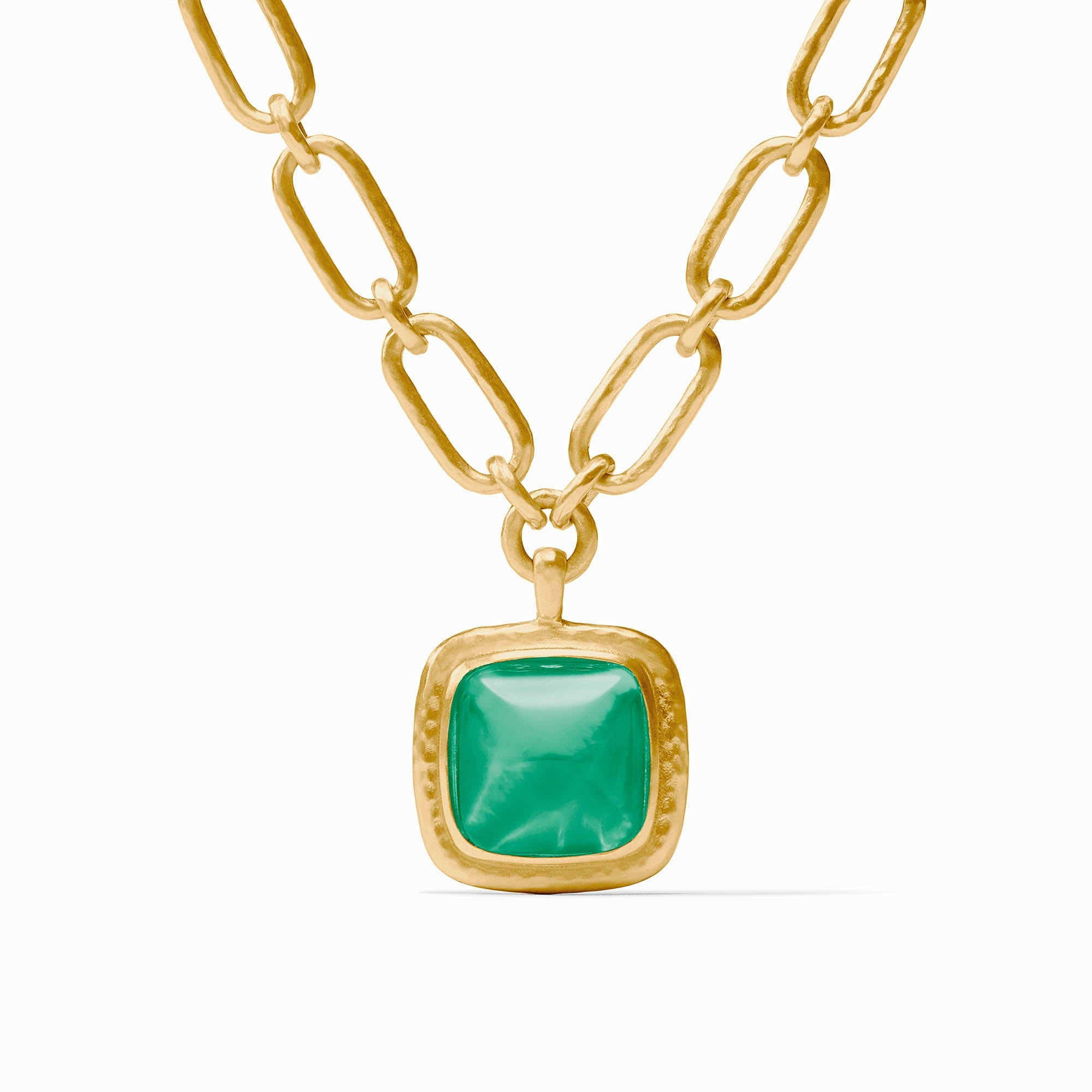 Sahara Statement Necklace in 24K gold plate with a square green glass pendant on a link chain.