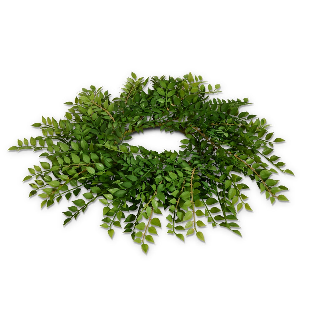Green plastic mini wreath candle ring measuring 18 inches wide by 3.5 inches high.