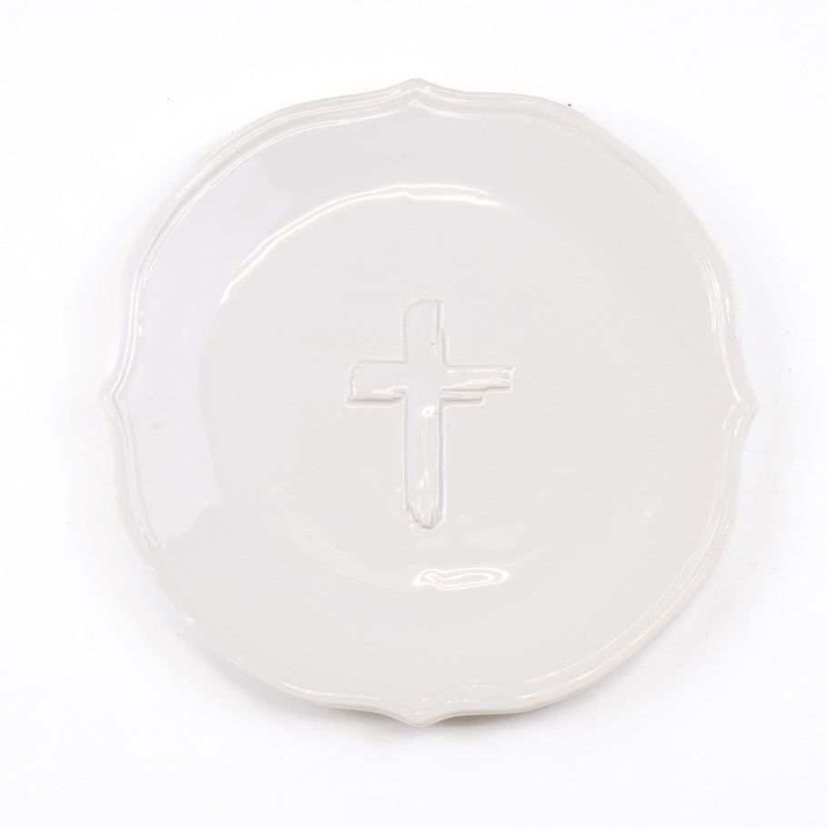 White dolomite cross embossed salad plate with an eight-inch diameter.