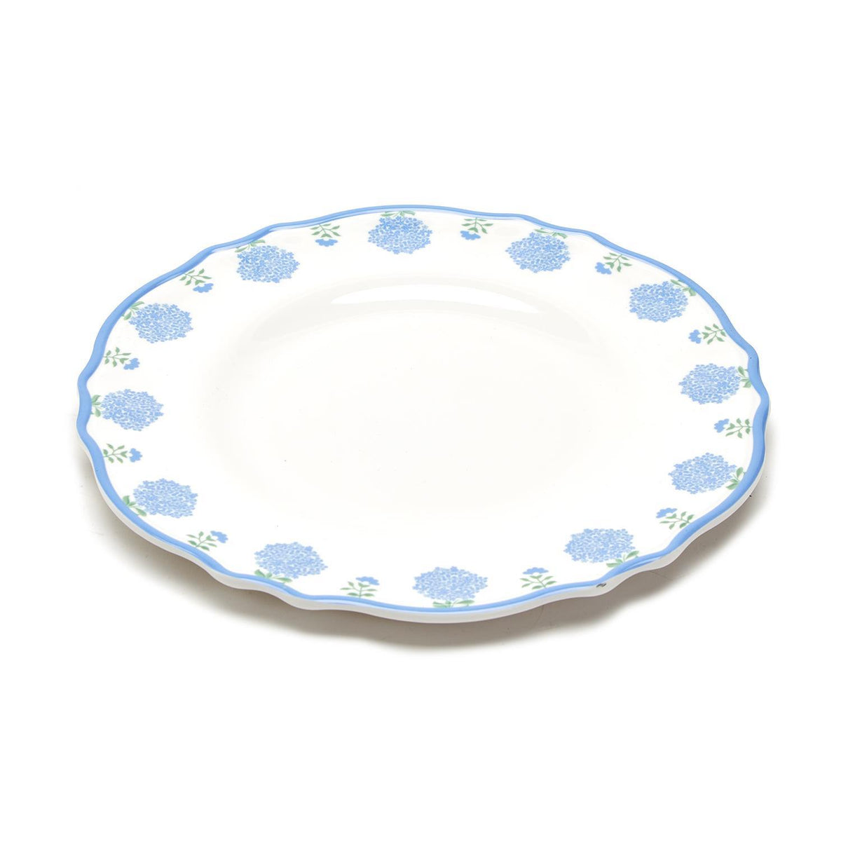 Hydrangea Melamine Dinner Plate with blue floral pattern and scalloped edge.