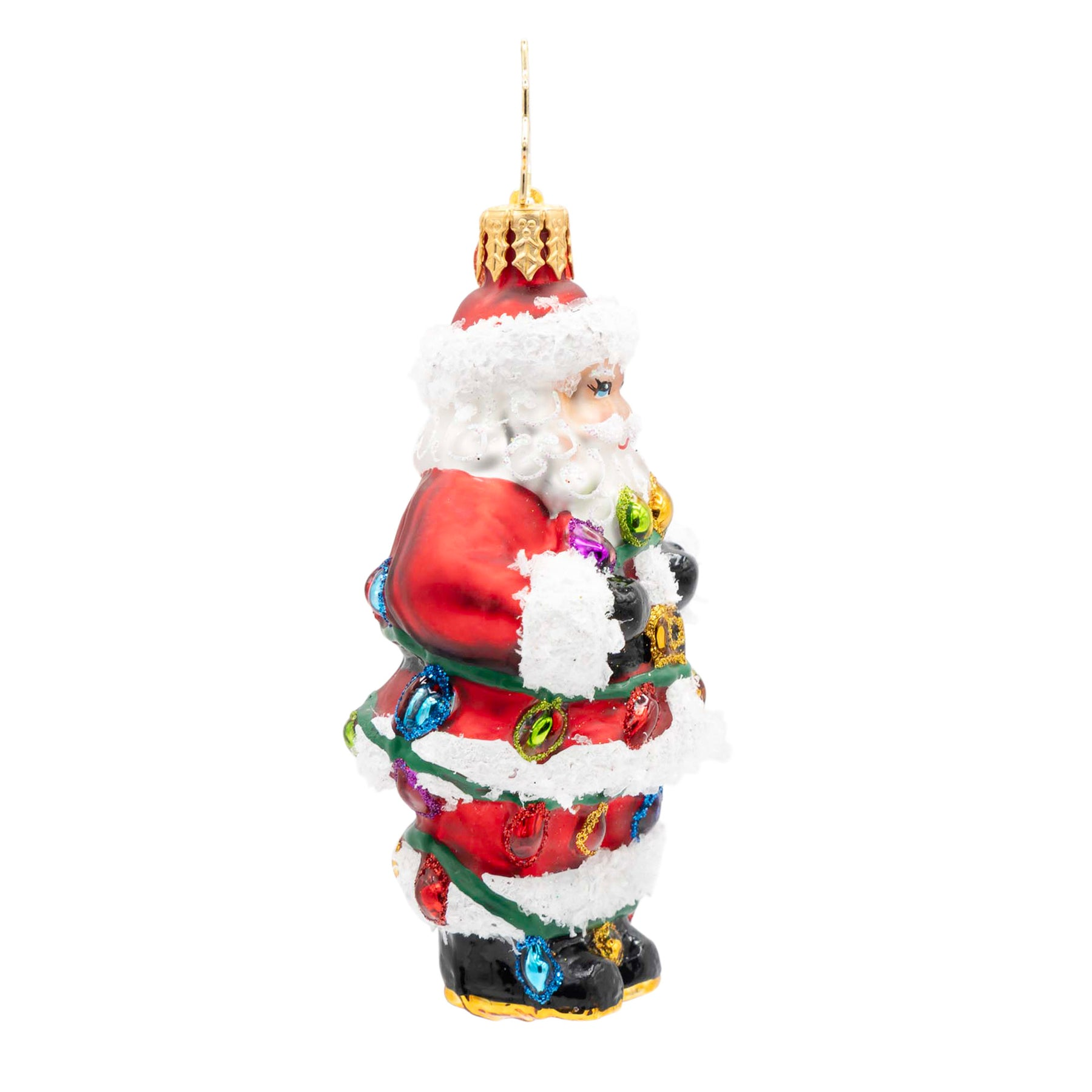 Tangled Up Santa Gem glass ornament wrapped in colorful Christmas lights with glitter accents.