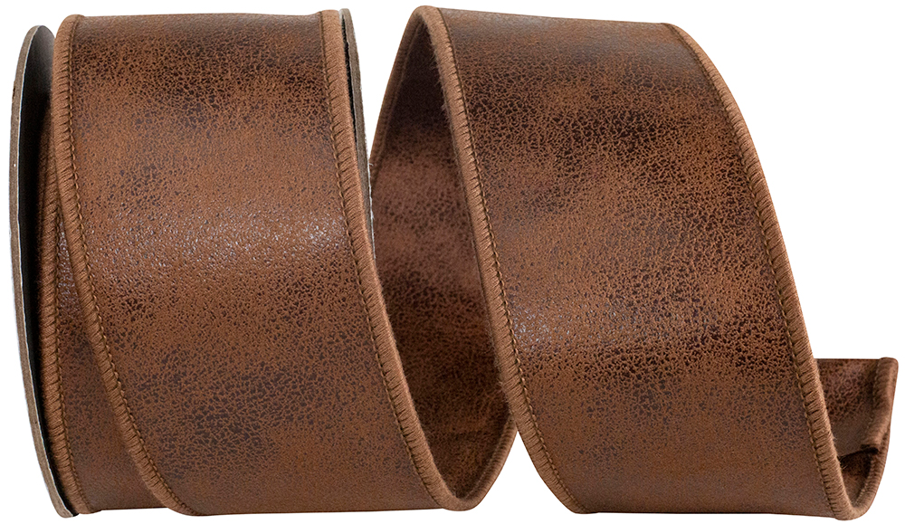 2-1/2 inch brown leather deluxe two-sided wired edge ribbon on a spool.