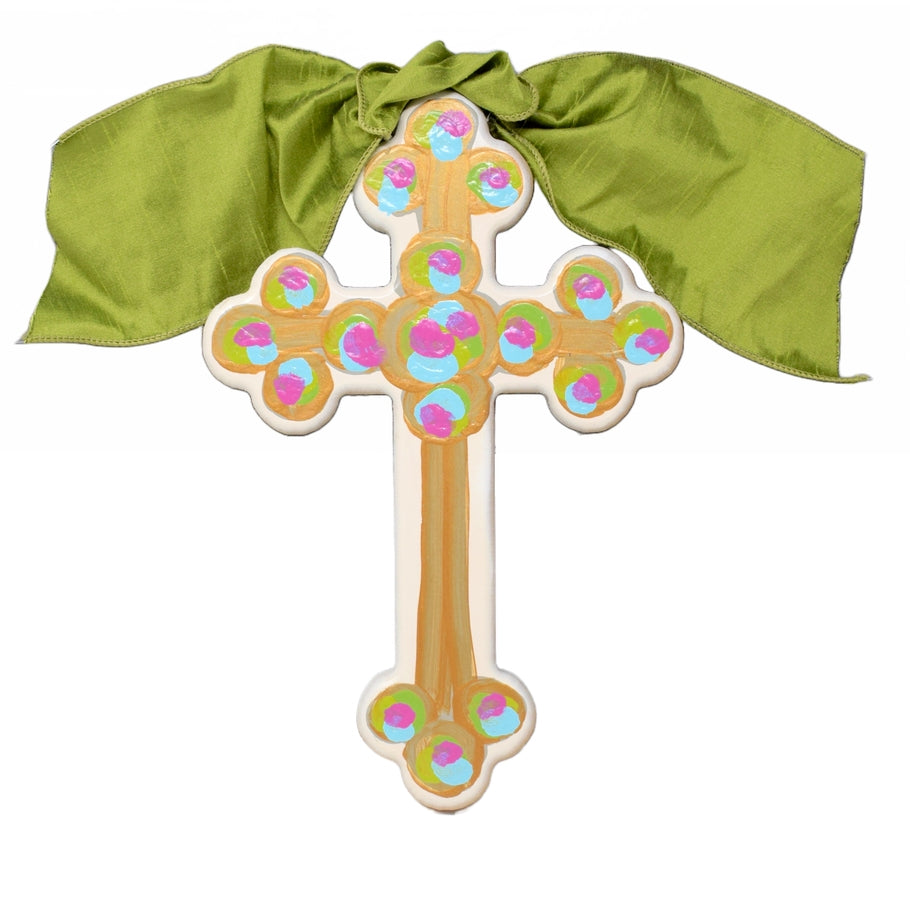 Hand-painted MDF cross with a satin bow top; back painted gold.