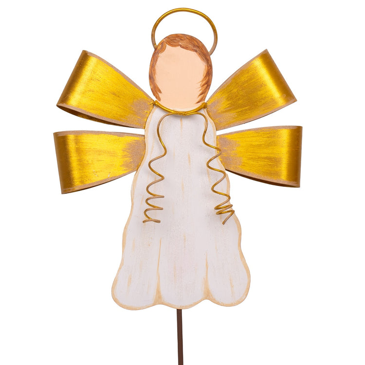 Gilded Ribbon Angel stake ornament with gold ribbon wings and halo.