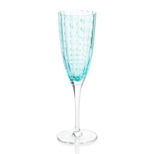 Portofino white dot champagne flute in aqua blue with a dotted pattern