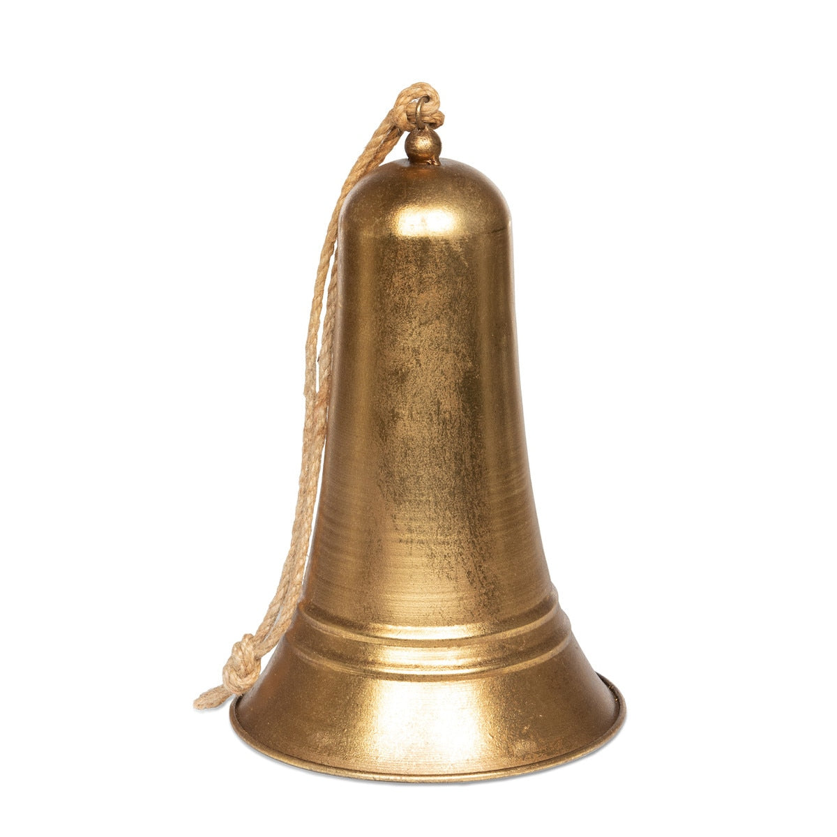Antique gold metal bell with a stylized wood sculpture Christmas theme symbolizing gratitude and faith.
