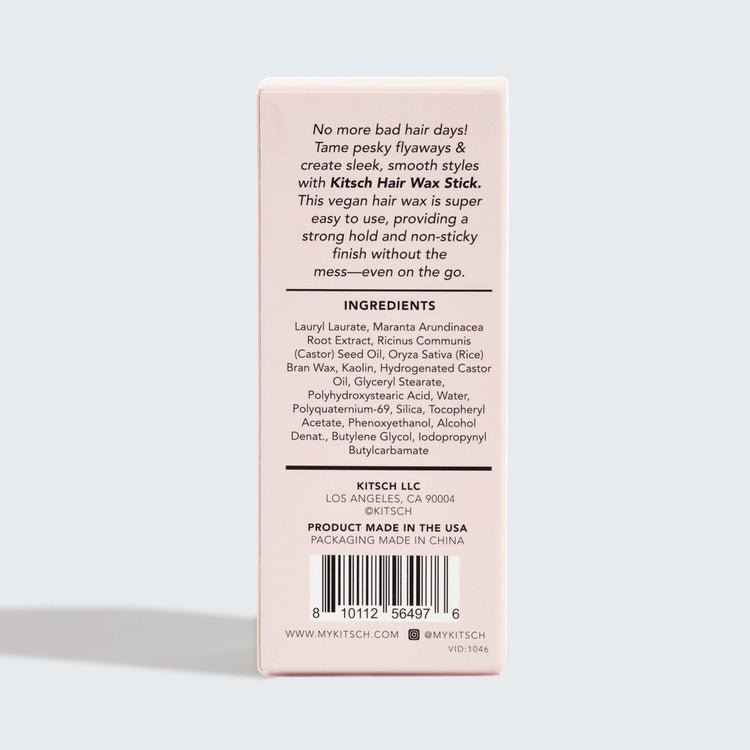 Back of Kitsch Hair Wax Stick packaging showing ingredients list and product details.