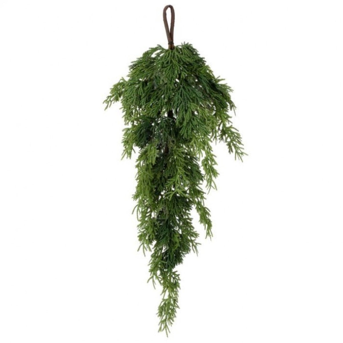 Green real touch cedar teardrop-shaped artificial Christmas tree with natural branch texture.