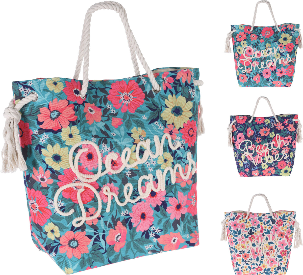Beach bag with flower print in beige canvas featuring a floral pattern.