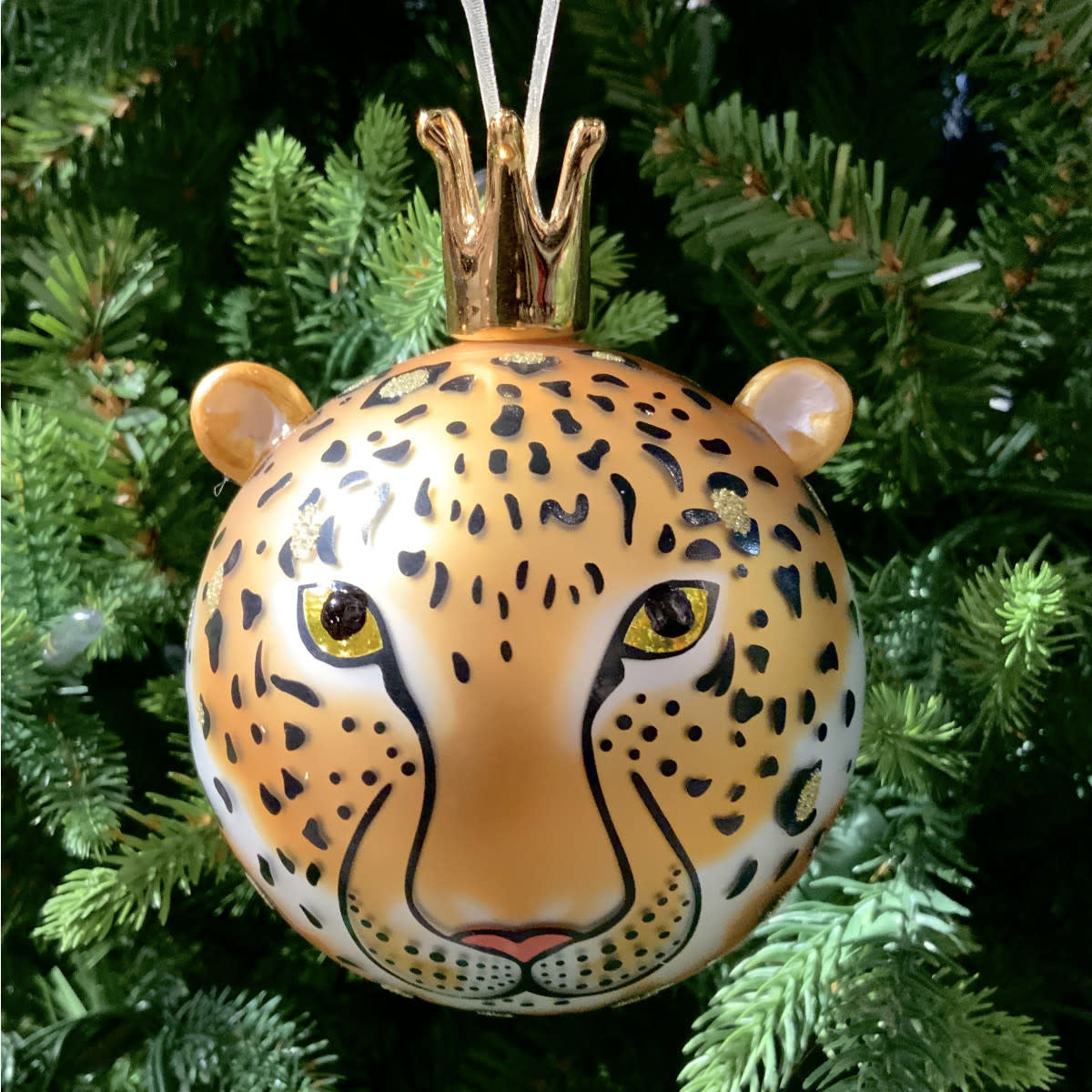 Hand-blown black-gold leopard porcelain crown cap ornament with an 80mm diameter.
