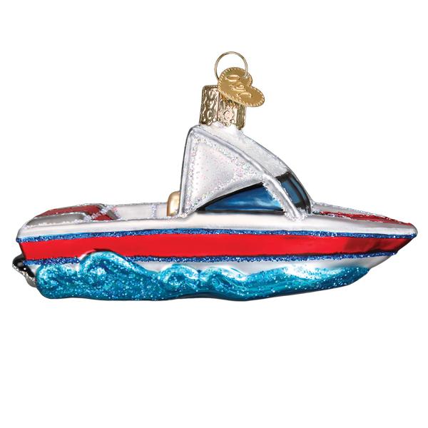 Hand-painted glass ski boat ornament with red, white, and blue glitter accents on blue waves.