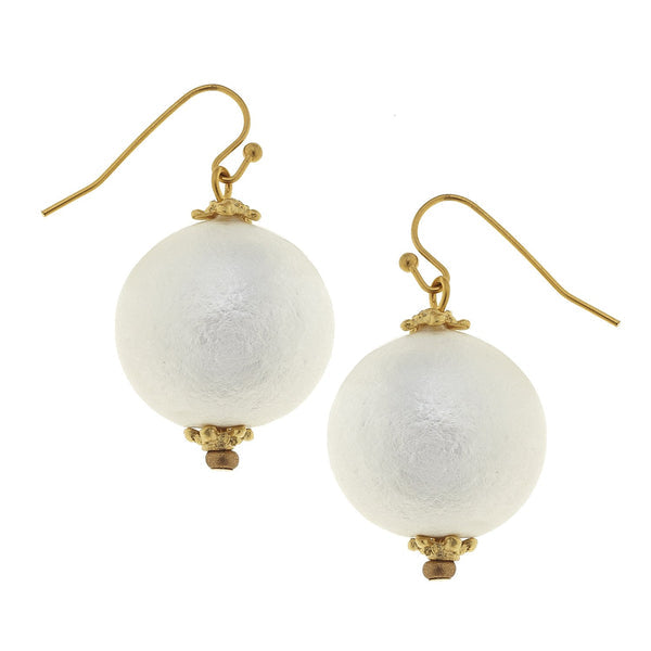 White handspun cotton pearl drop earrings with 24K gold plated hardware and ear wires.