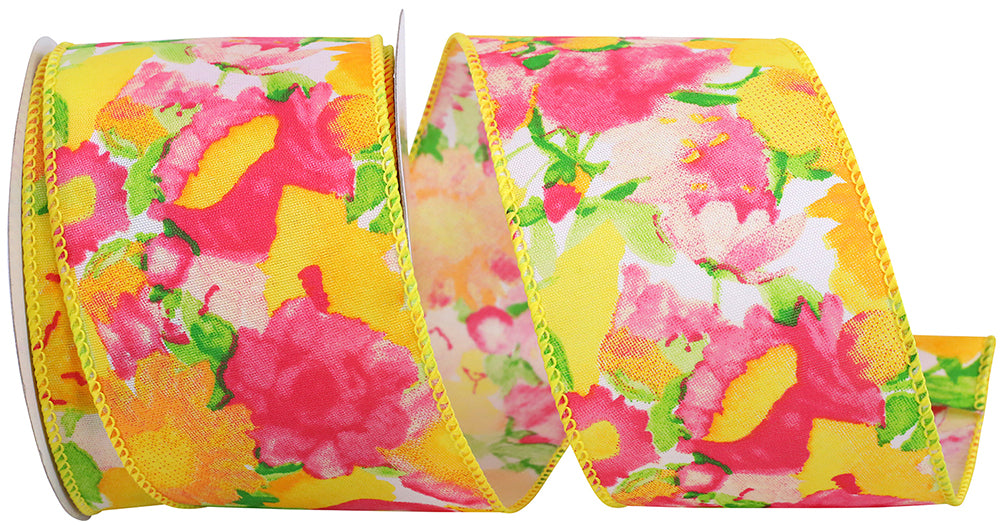 Two-and-a-half-inch yellow wired-edge floral ribbon with impressionist pattern
