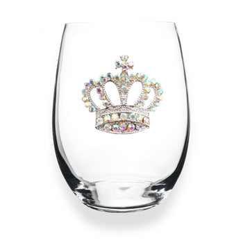 Handcrafted stemless wine glass with jeweled embellishments around the rim in clear crystal.