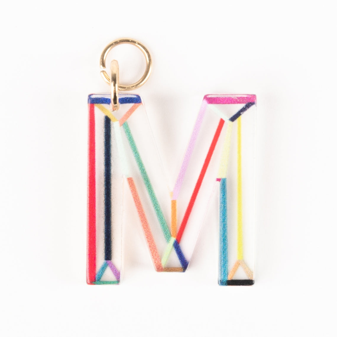 Marlow Initial Bag Charm in the letter M, featuring colorful geometric lines and 18K gold plating.