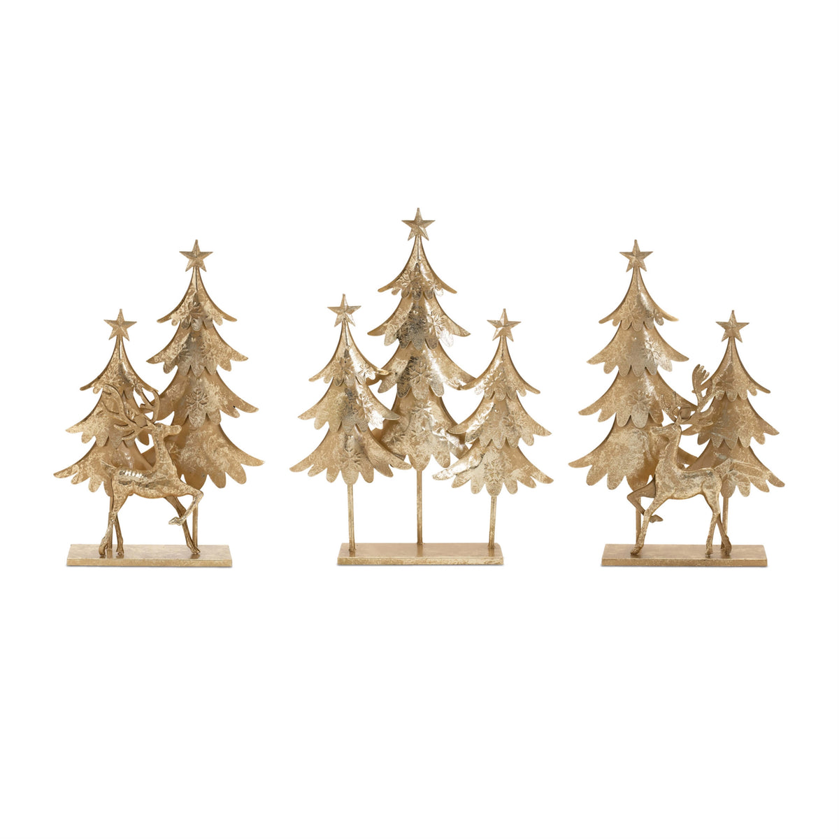 Set of three gold metal Christmas tree and deer figurines on rectangular bases.