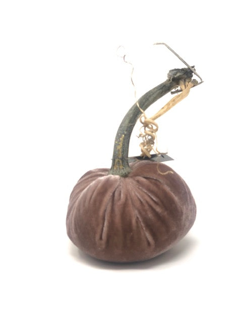 Handmade velvet pumpkin in deep orange with a natural stem.