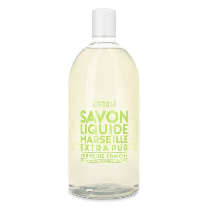 Refill Liquid Marseille Soap Fresh Verbena in a 33.8 fl oz clear plastic bottle with white cap.