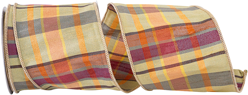 Plaid Barry Tierra Dupioni Wired Edge Ribbon in tan, orange, and burgundy with a textured weave.