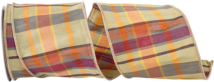 Plaid Barry Tierra Dupioni Wired Edge Ribbon in tan, orange, and burgundy with a textured weave.
