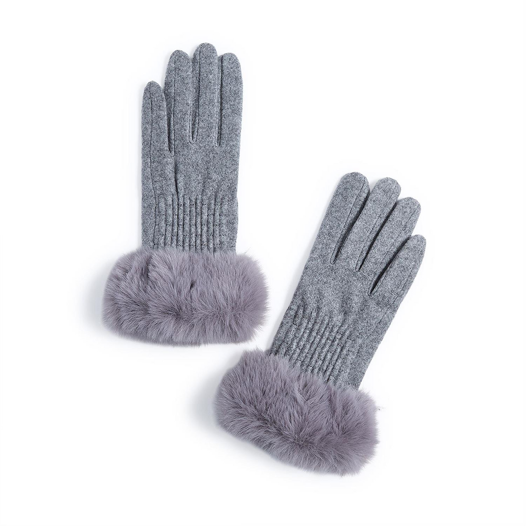 A pair of grey knit gloves with plush faux fur cuffs and ribbed wrist detailing.