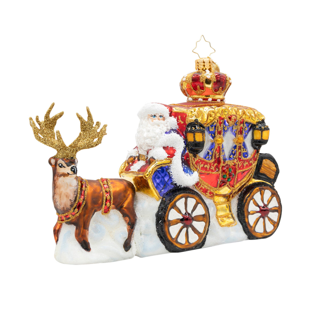 Yuletide Carriage Ride ornament featuring Santa in a regal gold-trimmed carriage pulled by reindeer.