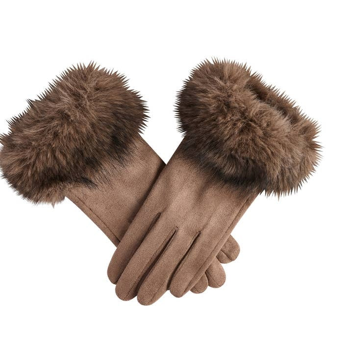Black ultra-suede gloves with a plush fur cuff detail.