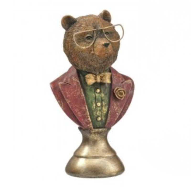 8-inch resin bear bust wearing glasses, a red jacket, green shirt, and gold bow tie on a pedestal.