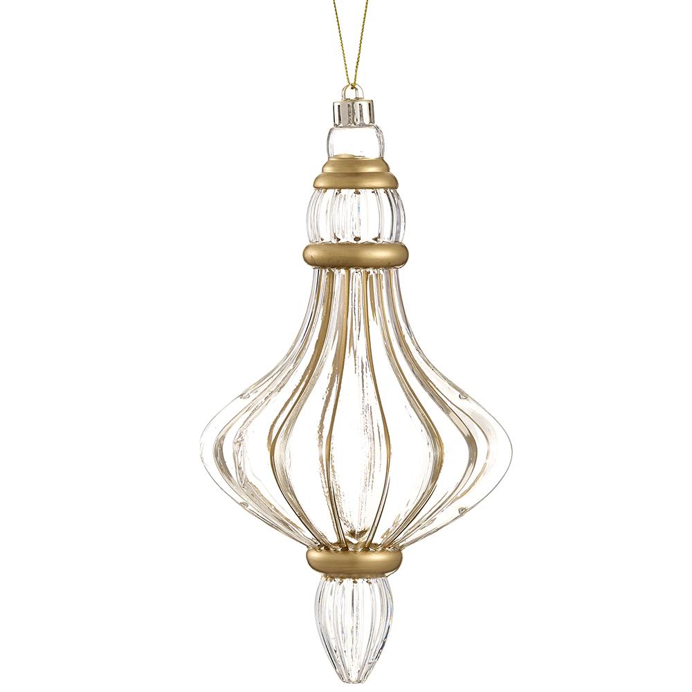 8.5-inch clear and gold plastic finial Christmas ornament with ribbed texture and hanging string.