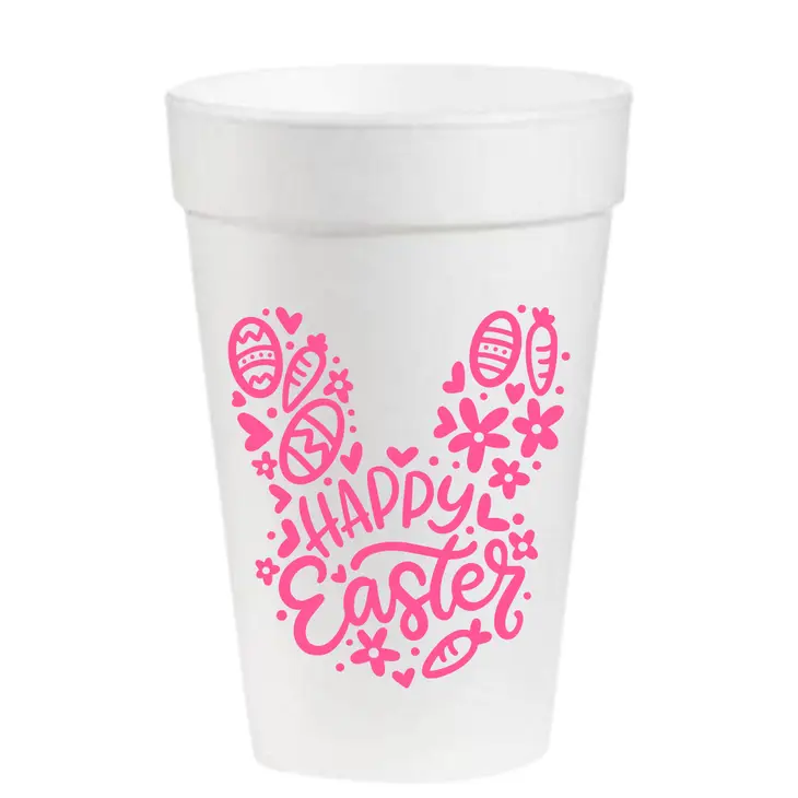 Pink Easter bunny cup with white polka dots on a clear background