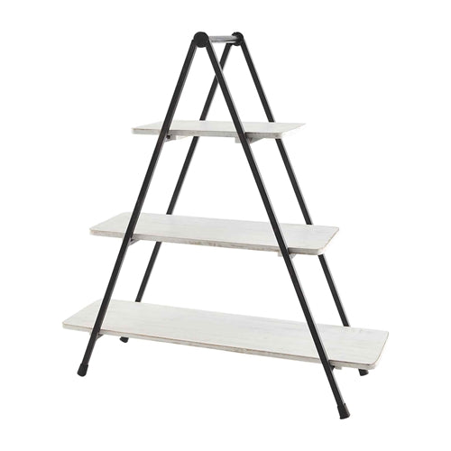 White 3-tier server with a black A-frame metal stand and three rectangular wooden shelves.