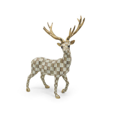 Handmade resin standing deer figurine with mocha checkered pattern on a natural wood base.