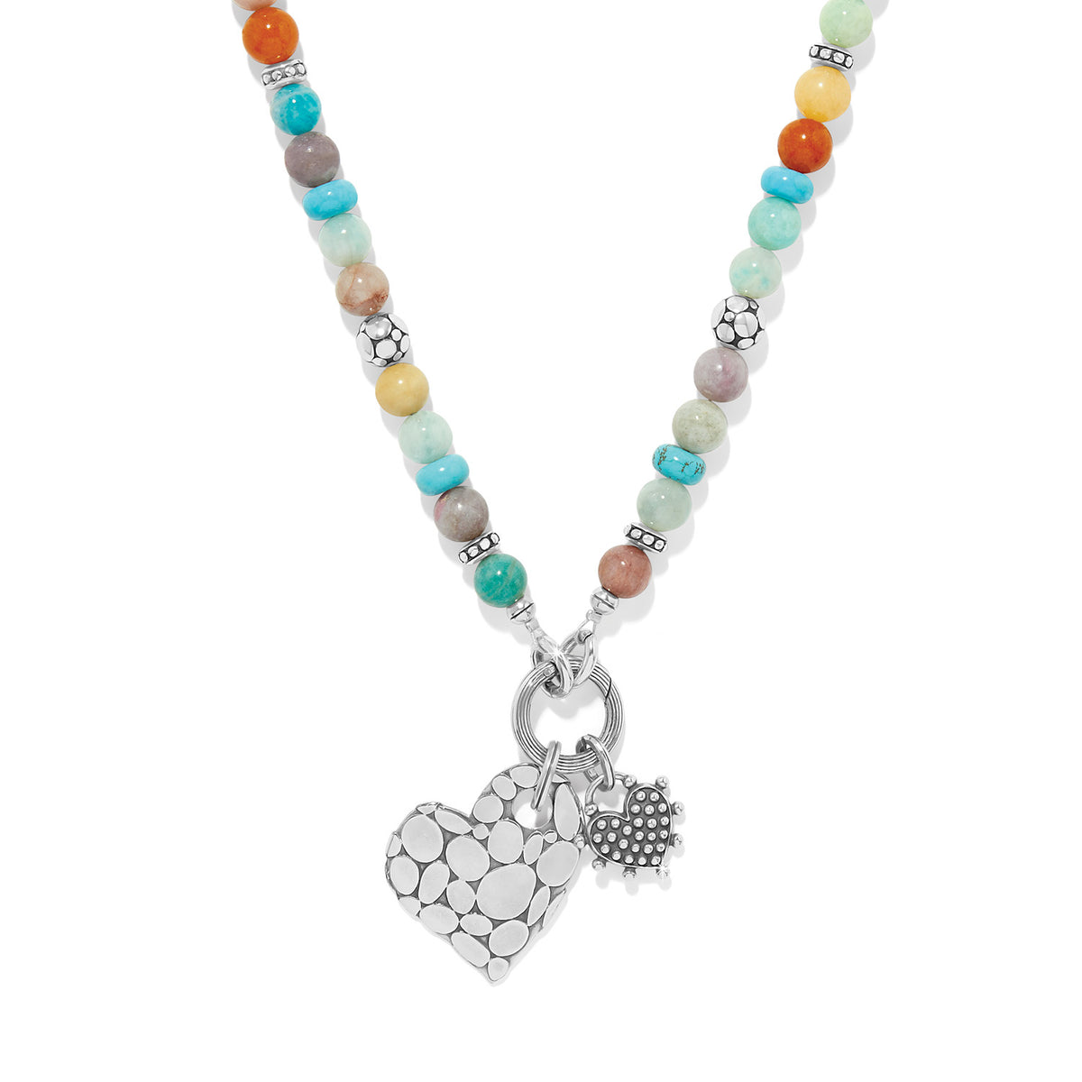 Silver plated adjustable necklace with multi-colored heart token charm pendant