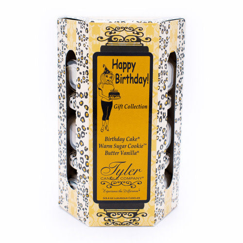 Happy Birthday Gift Collection by Tyler Candle Company with three 3.4 oz candles in a leopard box.