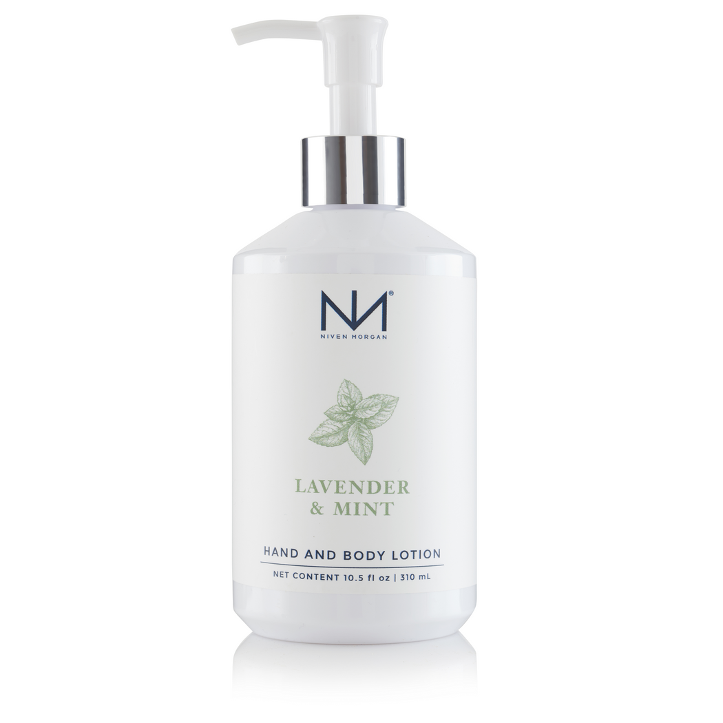 Lavender & Mint hand body lotion bottle with aloe vera and shea butter ingredients
