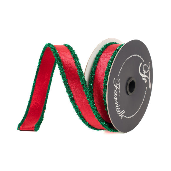 Red wired tinsel ribbon border with a secondary fabric backing.