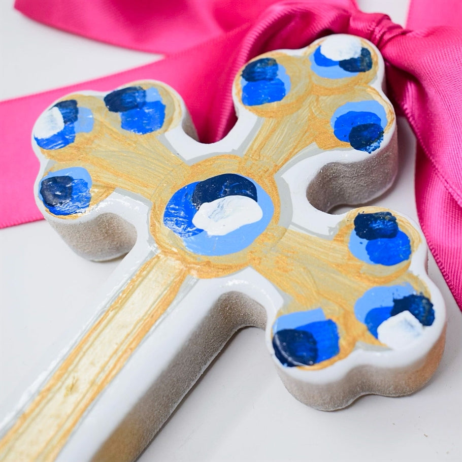6-inch Hallelujah cross made of gold-painted MDF with a satin bow.