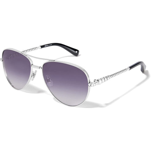 Silver-plated aviator sunglasses with black lenses offering UV protection.